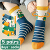 5 Pairs Boys' Mid-Calf Crew Footwear with Cartoon Vehicles, 100% Polyester, Suitable for Children Aged 12 and Under, FS