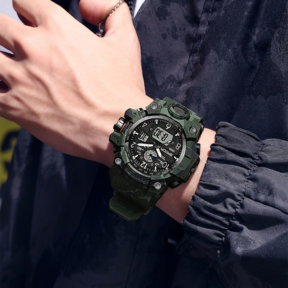 Men's Sports Watch, SANDA  Dual Display Quartz Movement, Round Dial with Stopwatch, Date, Alarm Clock, Luminous Multifunctional Tactical Wristwatch with TPU Strap FS