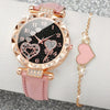 2pcs/set, girls' Fashion Cute PU Leather Girls Quartz Wrist Watch & Heart Bracelet Set, Ideal For Holiday Gift FS