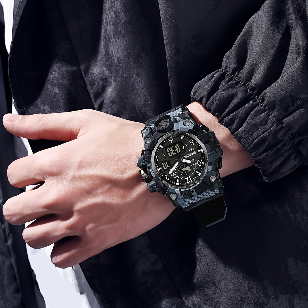 Men's Sports Watch, SANDA  Dual Display Quartz Movement, Round Dial with Stopwatch, Date, Alarm Clock, Luminous Multifunctional Tactical Wristwatch with TPU Strap FS