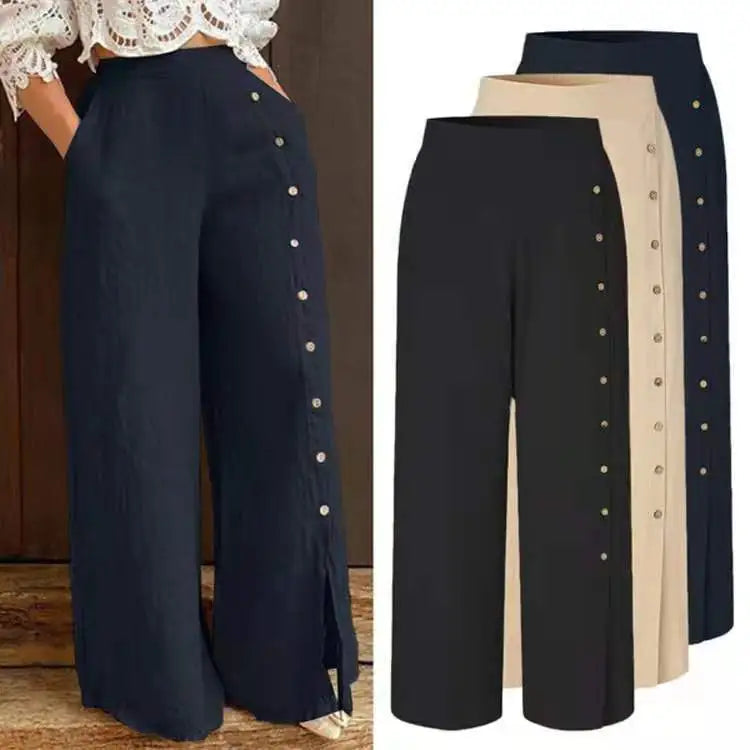 Women Loose Casual Multi-Button Split Wide Leg High Waist Pants