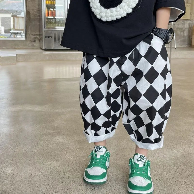 Kids Boys Casual All Over Print Plaid Elastic Waist Loose Shorts