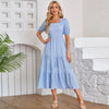 Women Casual Solid Color Puff Sleeve Square Collar Midi Dress