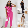 Office Chic Women Elegant Solid Color V-Neck Short-Sleeve Defined Waist Jumpsuits