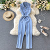 Women Fashion Vintage Buckle Lace-Up Defined Waist Straight Wide Leg Denim Jumpsuit