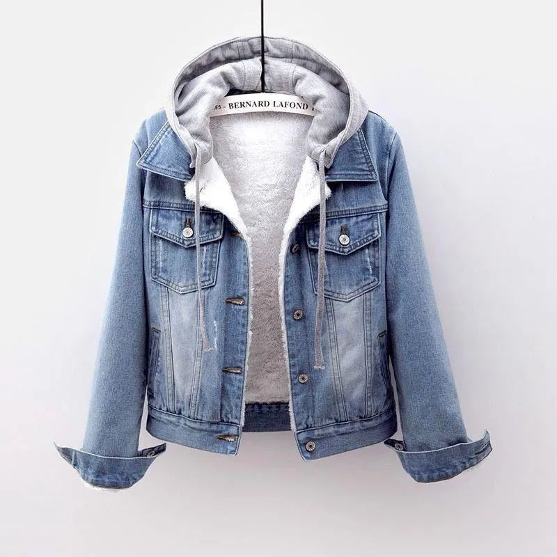 Women Fashion Winter Plush Denim Hooded Coat