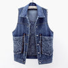 Women Fashion Alphabet Print Lapel Denim Vest