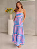 Summer Women Fashion Casual Stripe Printed Strap Backless Pocket Maxi Dress