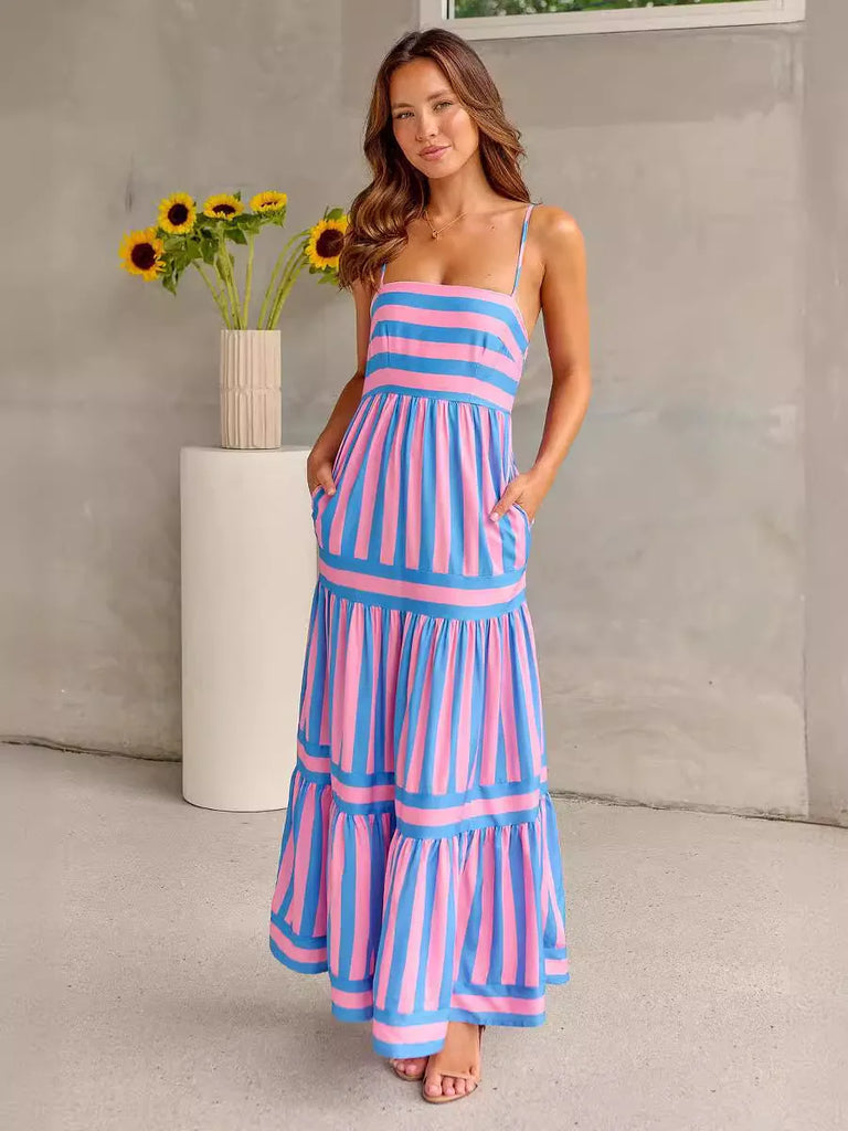 Summer Women Fashion Casual Stripe Printed Strap Backless Pocket Maxi Dress