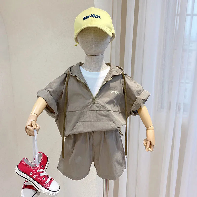 Kids Toddler Boys Summer Fashion Preppy Letter Solid Color Zipper Hat Two-Piece Set