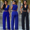 Women Elegant Work Office High Waist V Neck Sleeveless Solid Color Wide Leg Jumpsuits With Belt