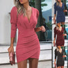 Women Elegant Solid Color V-Neck Long-Sleeved Creased Irregular Hem Mini Dress