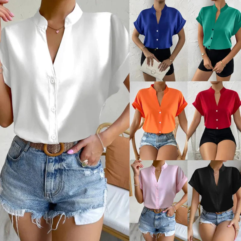 Summer Women Solid Color Simple V-Neck Short Sleeve Shirt