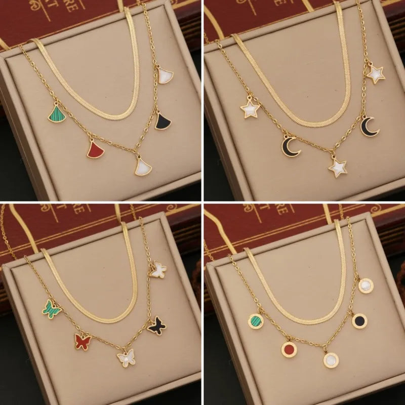 Women's Fashion Double Layer Butterfly Star Moon Stainless Steel Necklace