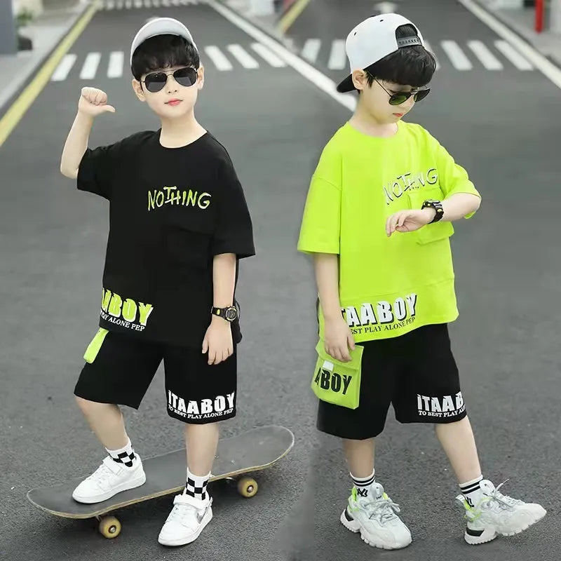 Kids Boys Casual Round Neck Short Aleeve Letter Image Pattern Loose T-Shirt And Elastic Shorts Set