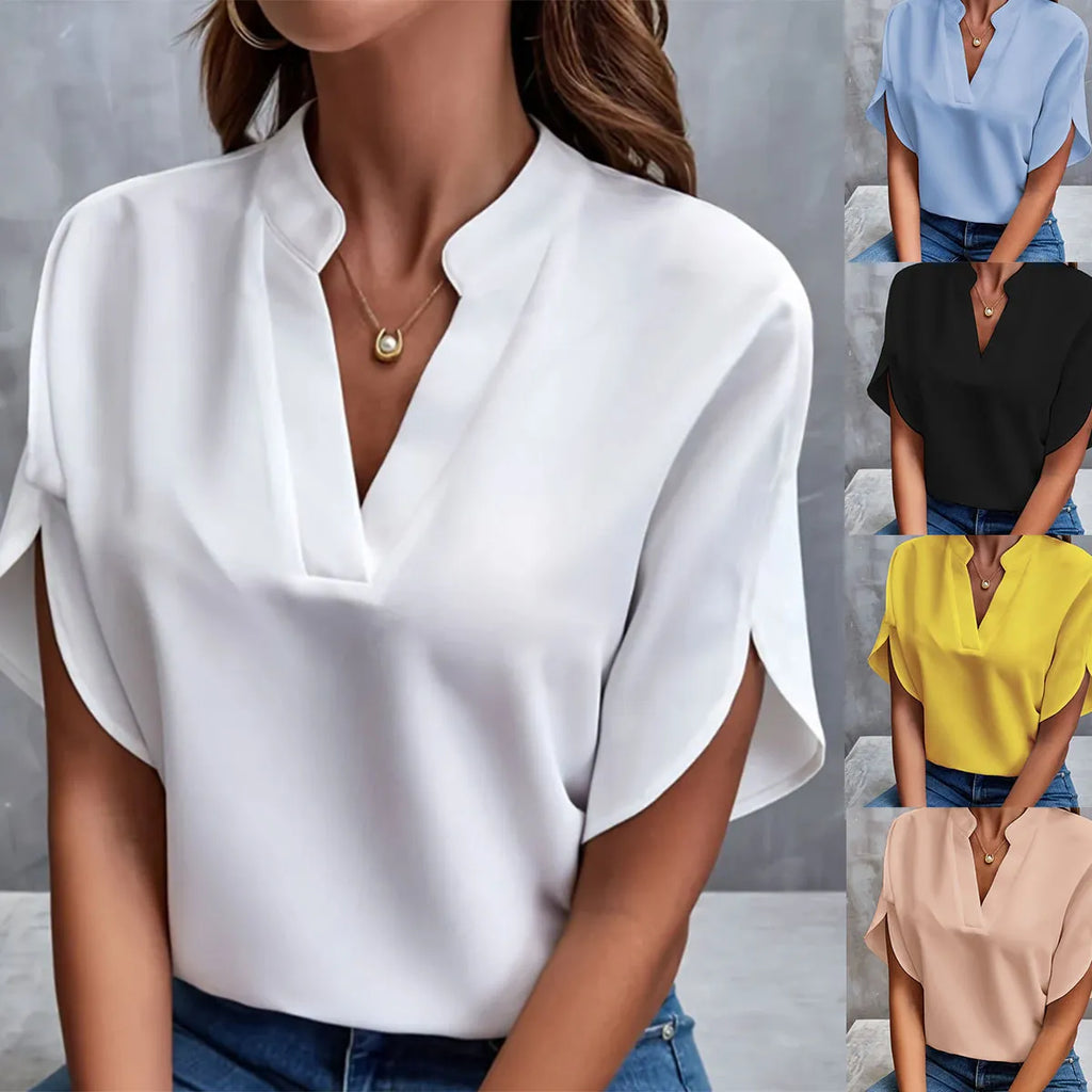 Buy 1 Get 1 Women Summer V-Neck Shirt Solid Color Casual Short-Sleeved Pullover Office Blouse