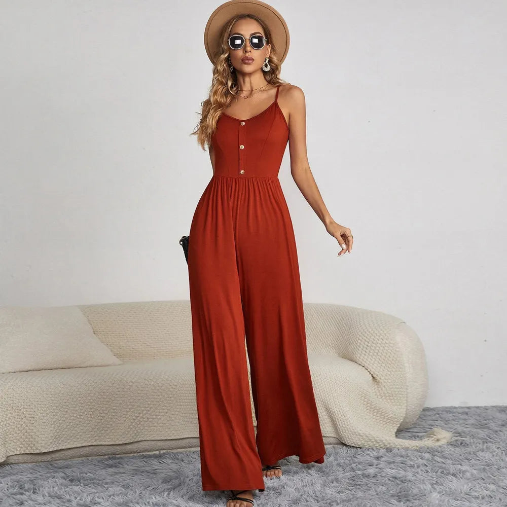 Women Summer Solid Color Casual Pullover Spaghetti Strap Button Wide Leg Jumpsuits