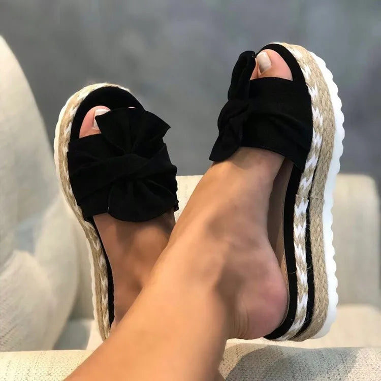 Women Fashion Casual Round Toe Bow Tie Platform Slippers