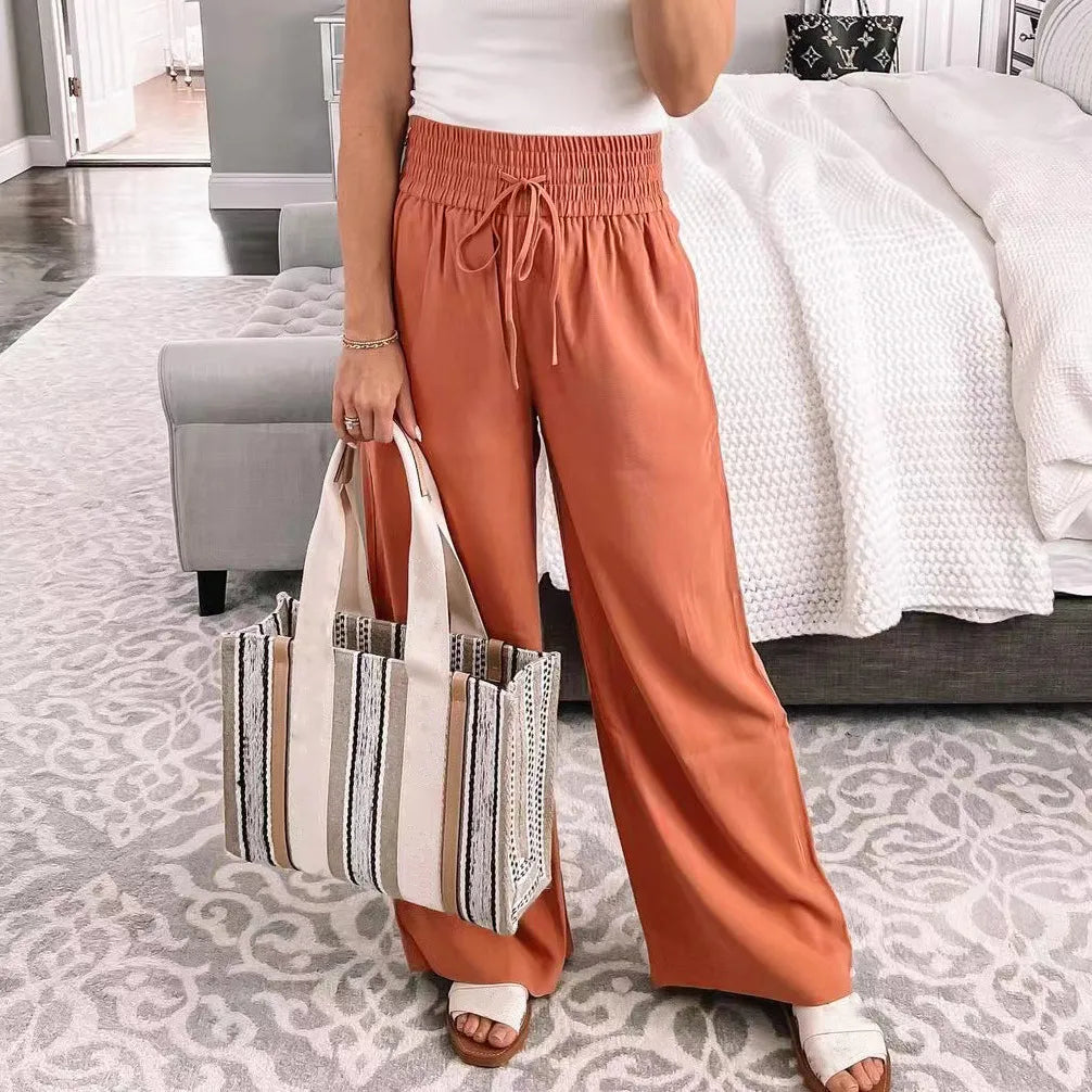 Women Casual Solid Color Lace Up Straight Wide-Leg Pants