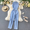 Women Fashion Vintage Buckle Lace-Up Defined Waist Straight Wide Leg Denim Jumpsuit