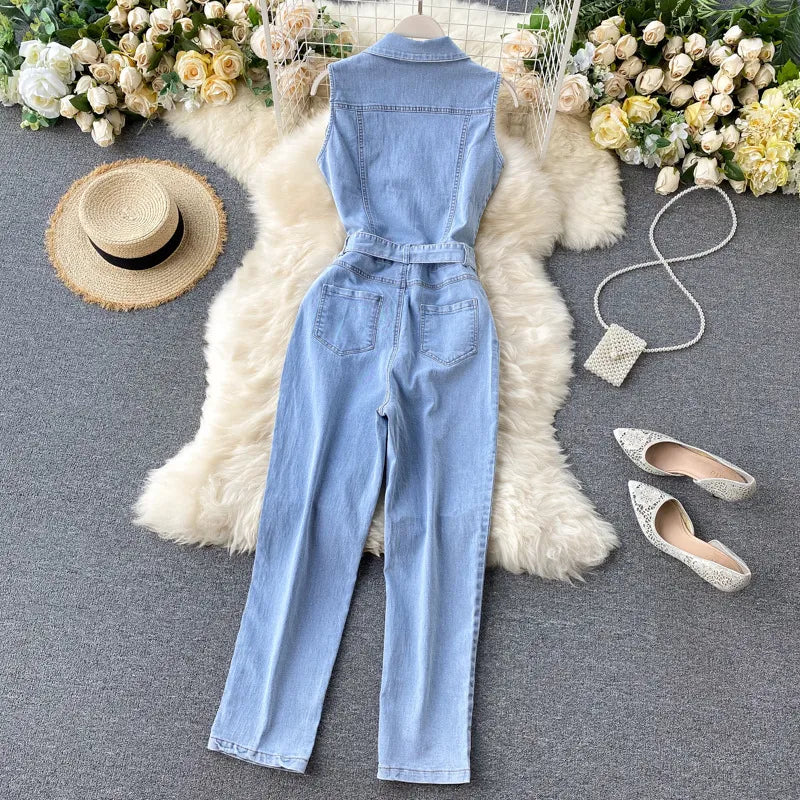 Women Fashion Vintage Buckle Lace-Up Defined Waist Straight Wide Leg Denim Jumpsuit