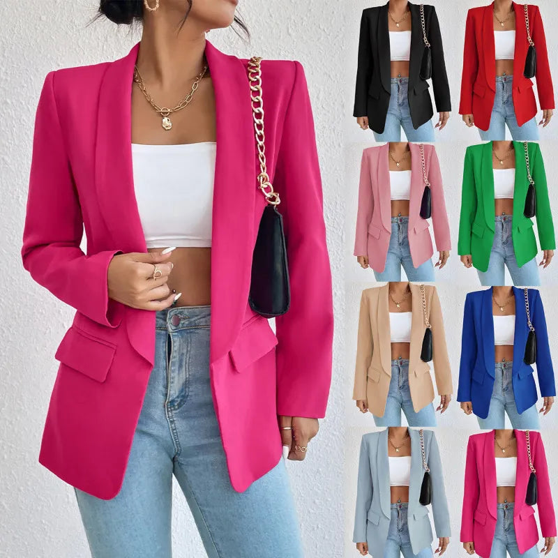 Women Casual Elegant Solid Color Lapel Long-Sleeved Office Chic Blazer