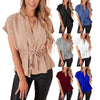 Women Fashion Solid Color Drawstring Chiffon Short Sleeve Shirt