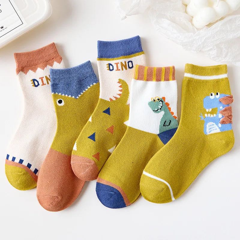 Buy 1 Get 1,  5 Pair Set Children Kids Baby Fashion Boys Dinosaur Breathable Socks