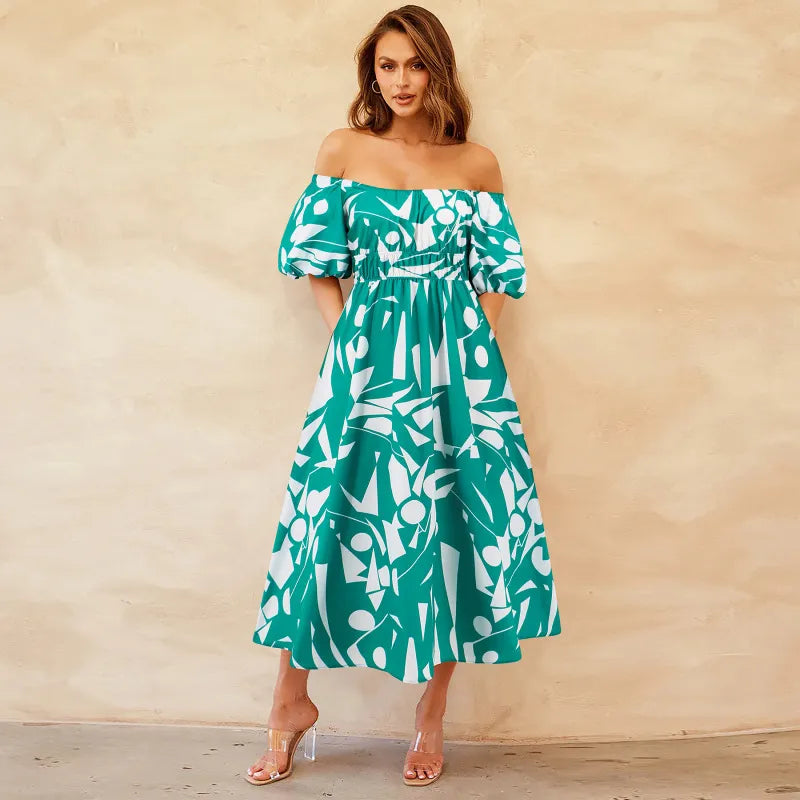 Women'S Sexy Printed Off-Shoulder Puff Sleeve Dress