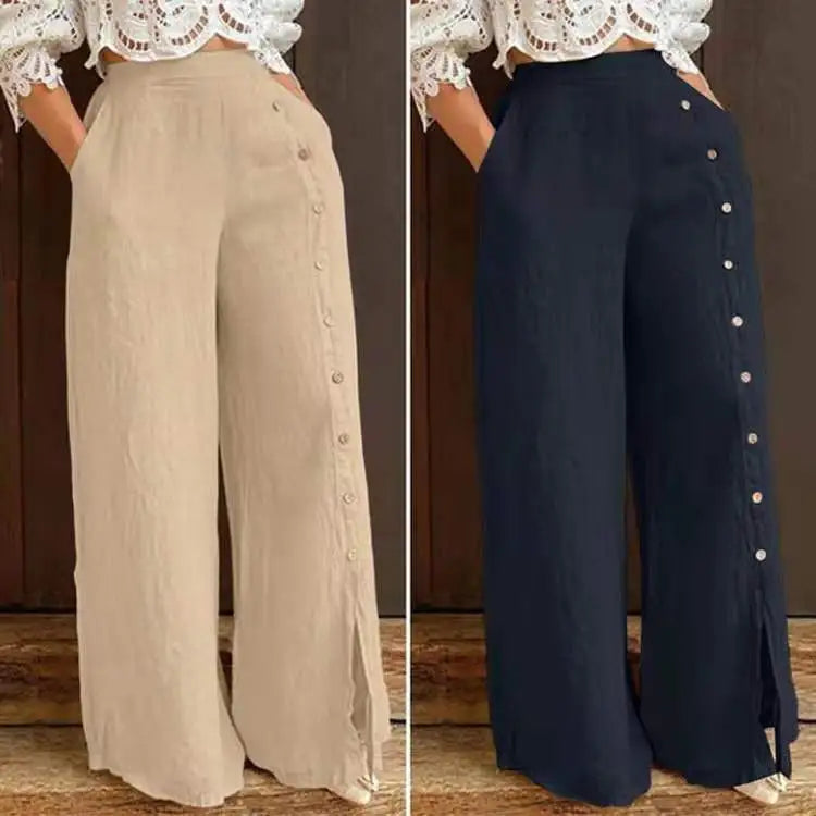 Women Loose Casual Multi-Button Split Wide Leg High Waist Pants