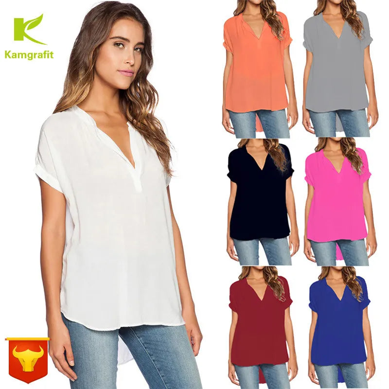 Office Chic Fashion Casual Women Short Sleeve Solid V Neck Loose Blouse