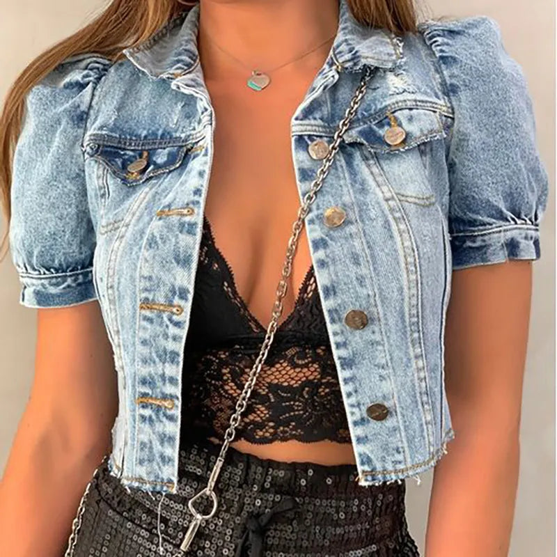 Women Fashion Vintage Frayed Denim Short Sleeve Single-Breasted Jacket