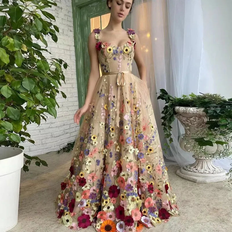 Women Fashion Floral Embroidered Sling Party Dress