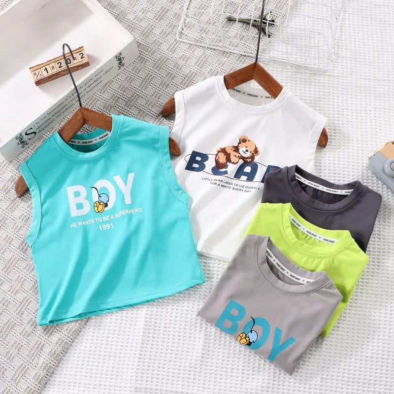 Buy 1 Get 1 Children Kids Baby Fashion Boys Casual Basic Sleeveless Cartoon Letter Print T-Shirt