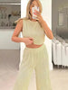 Summer Women Casual Water Ripple Sleeveless Crop Top Wide Leg Pants Two-Piece Set