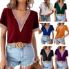 Women Elegant Short Sleeves Color Blocking Patchwork V Neck Blouse