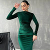 Women Fashion Solid Color Pleated Long Sleeve Bodycon Dress