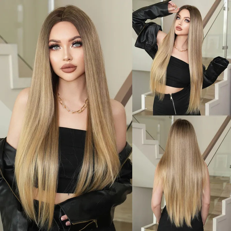 Women Gold Gradient Chemical Fiber Long Straight Wig