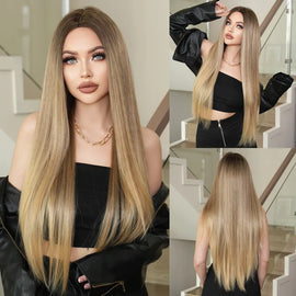 Women Gold Gradient Chemical Fiber Long Straight Wig