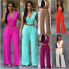 Women Elegant Work Office High Waist V Neck Sleeveless Solid Color Wide Leg Jumpsuits With Belt