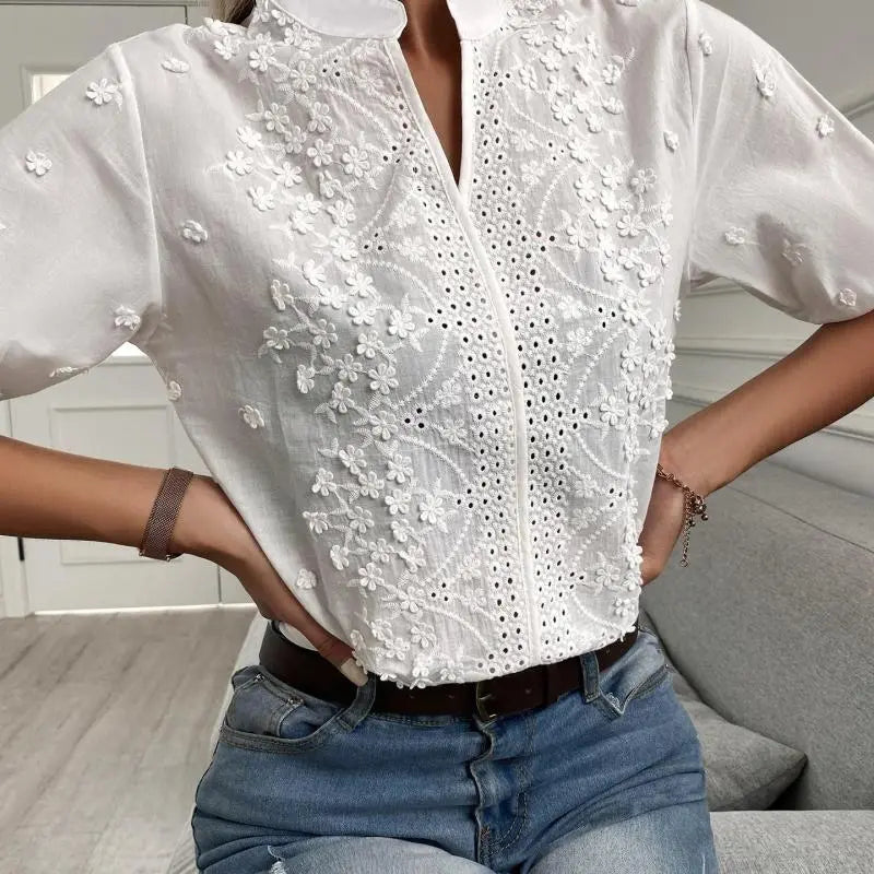 Summer Women Fashion V-Neck Embroidered Lace Shirt Top