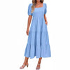 Women Casual Solid Color Puff Sleeve Square Collar Midi Dress