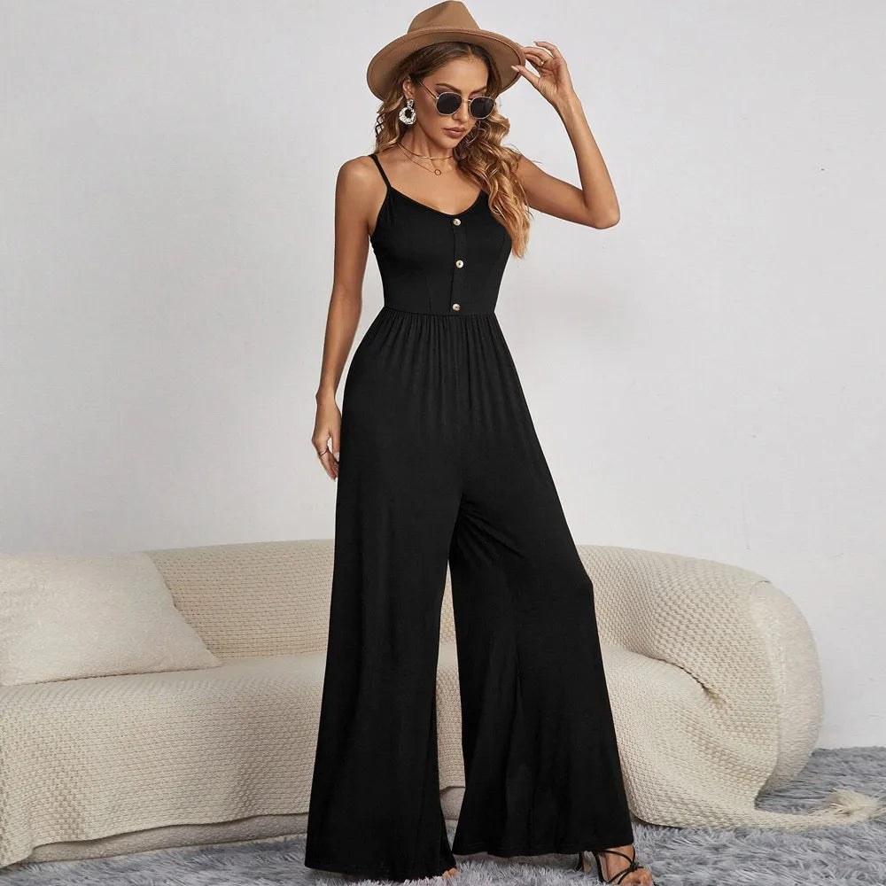 Women Summer Solid Color Casual Pullover Spaghetti Strap Button Wide Leg Jumpsuits