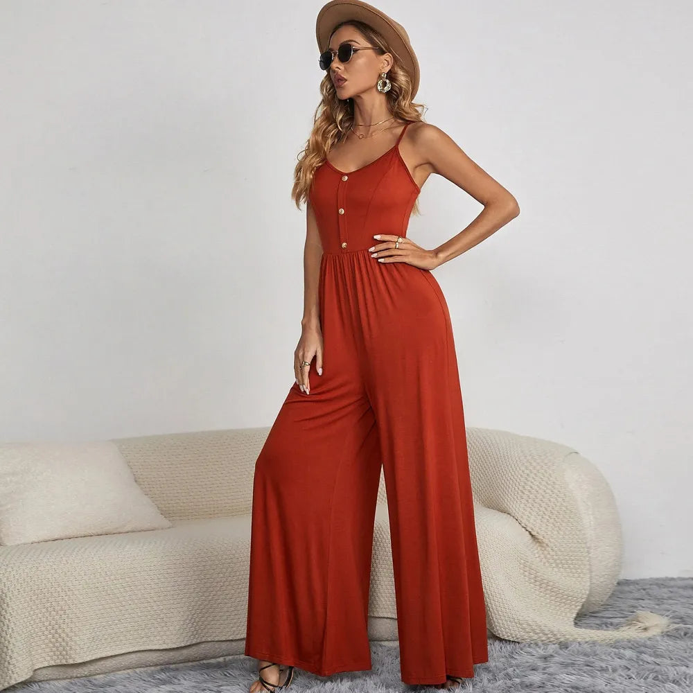 Women Summer Solid Color Casual Pullover Spaghetti Strap Button Wide Leg Jumpsuits