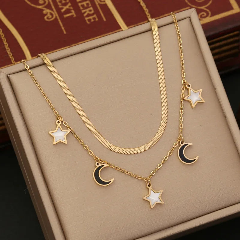 Women's Fashion Double Layer Butterfly Star Moon Stainless Steel Necklace