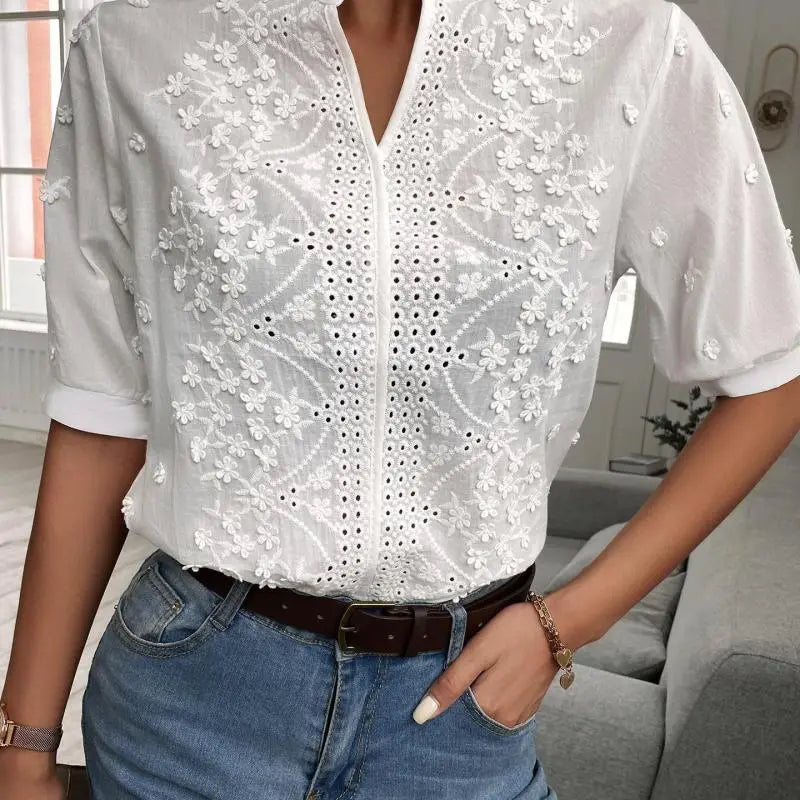 Summer Women Fashion V-Neck Embroidered Lace Shirt Top