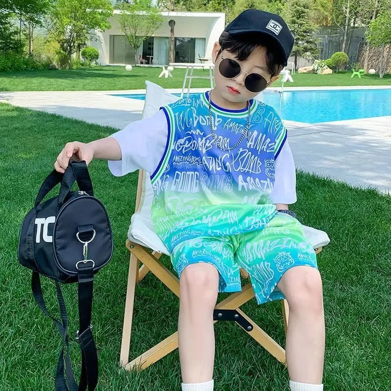 Kids Big Boys Summer Fashion Casual Letter Gradient Round Neck Top Fake Two-Piece Shorts Set