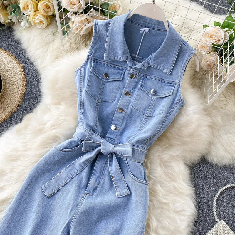 Women Fashion Vintage Buckle Lace-Up Defined Waist Straight Wide Leg Denim Jumpsuit