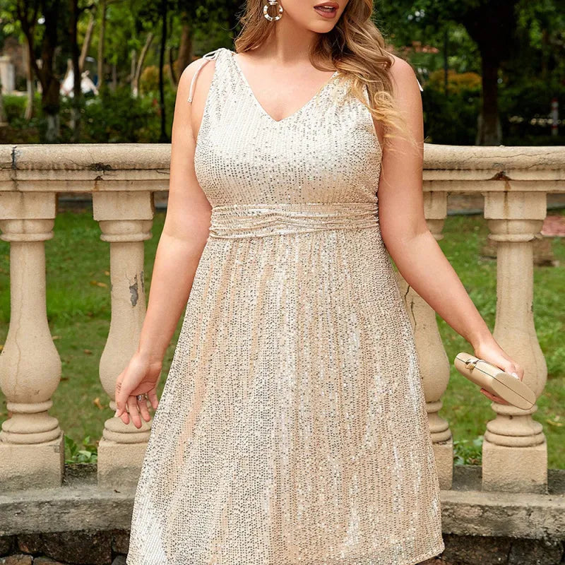 Women Fashion Sexy Plus Size V-Neck Sequin Party Dress