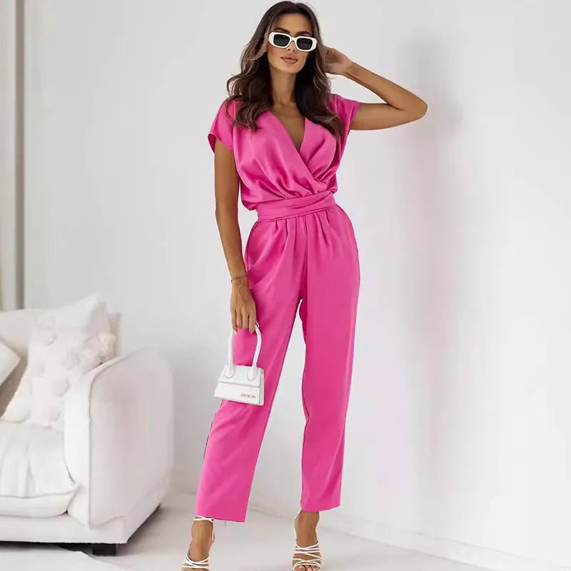 Office Chic Women Elegant Solid Color V-Neck Short-Sleeve Defined Waist Jumpsuits